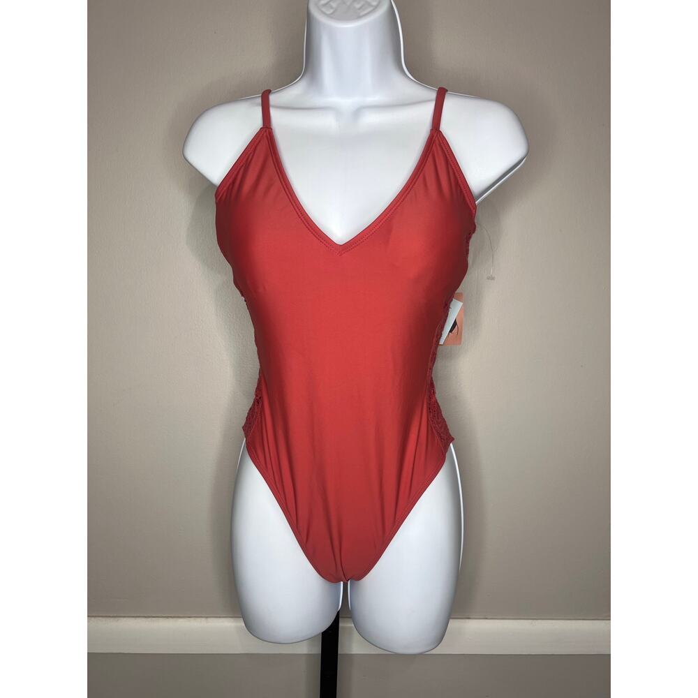 Shade & Shore Orange Rust Crochet Side One Piece Swimsuit M NWT